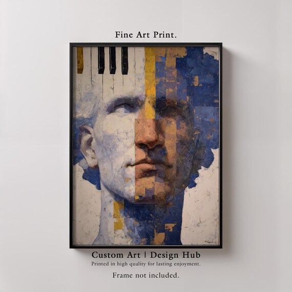 Surreal Piano Keys Bust Textured Blue Yellow Music Art Print