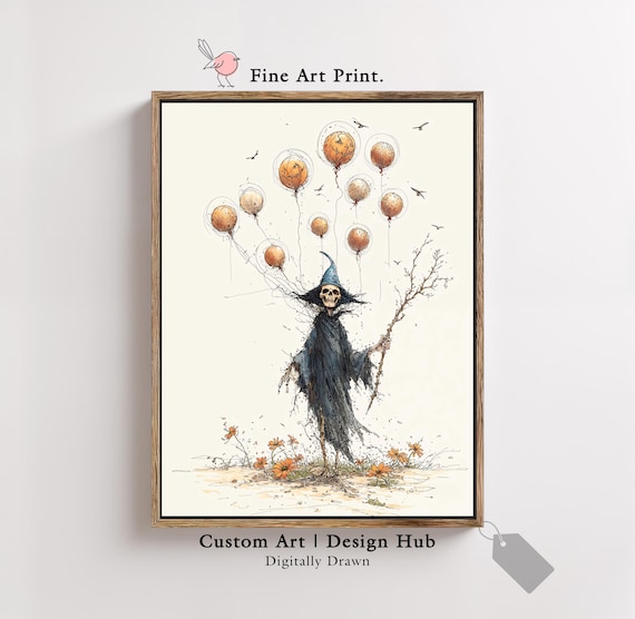 Halloween Skeleton Witch Art Print Spooky Pumpkin Balloon Wall Decor Gothic Poster