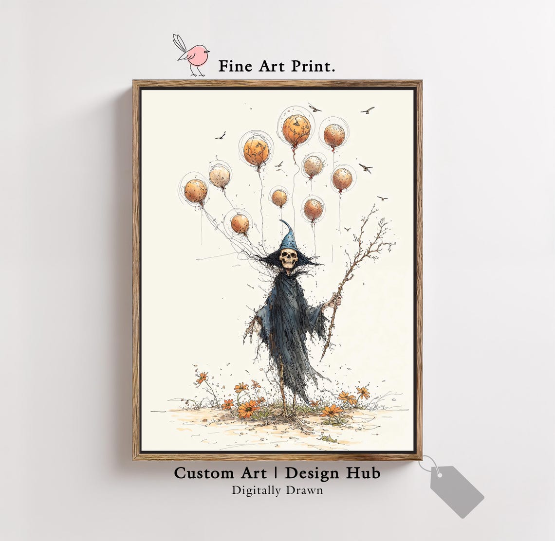 Skeleton Wizard With Pumpkin Balloons Autumn Whimsical Art Print