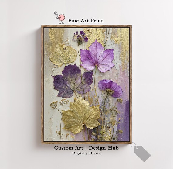 Purple And Gold Botanical Wall Art Print Elegant Floral Nature Poster For Home Decor
