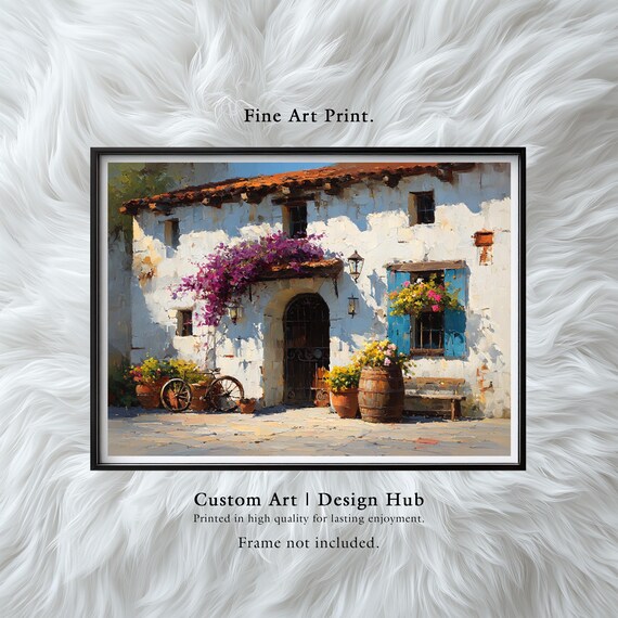 Mediterranean White Courtyard Bougainvillea Sunlit Villa Art Print