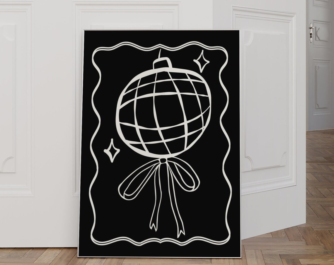 White Line Art Disco Ball With Bow On Black Wavy Frame Poster