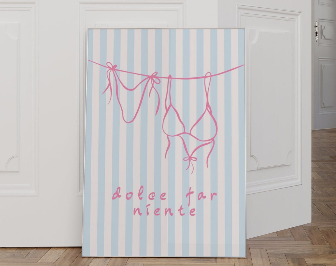 Dolce Far Niente Pink Bikini Clothesline Blue Stripe Beach Poster