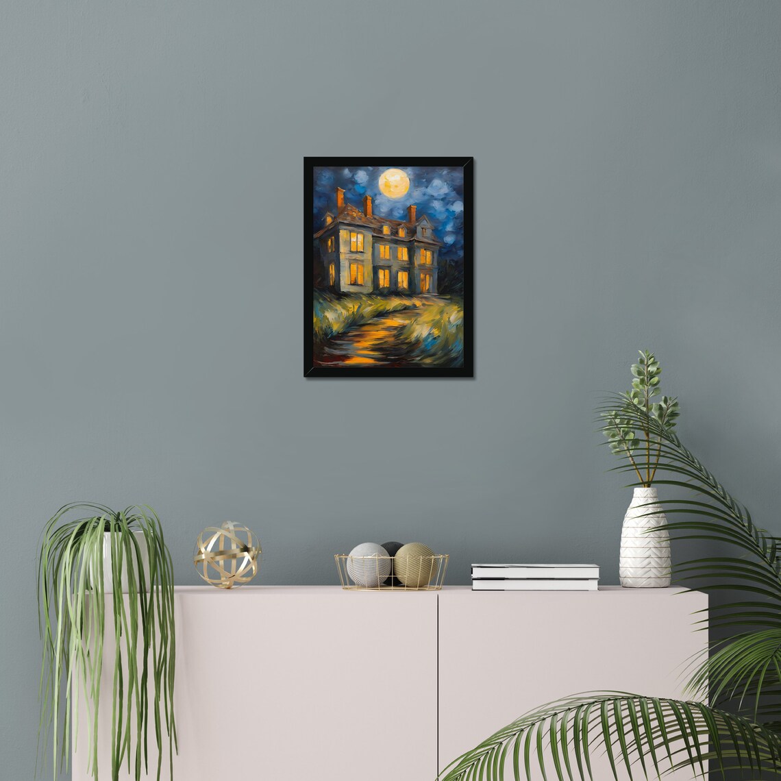 Spooky House Full Moon Night Glowing Windows Gothic Halloween Art Poster - Image 3