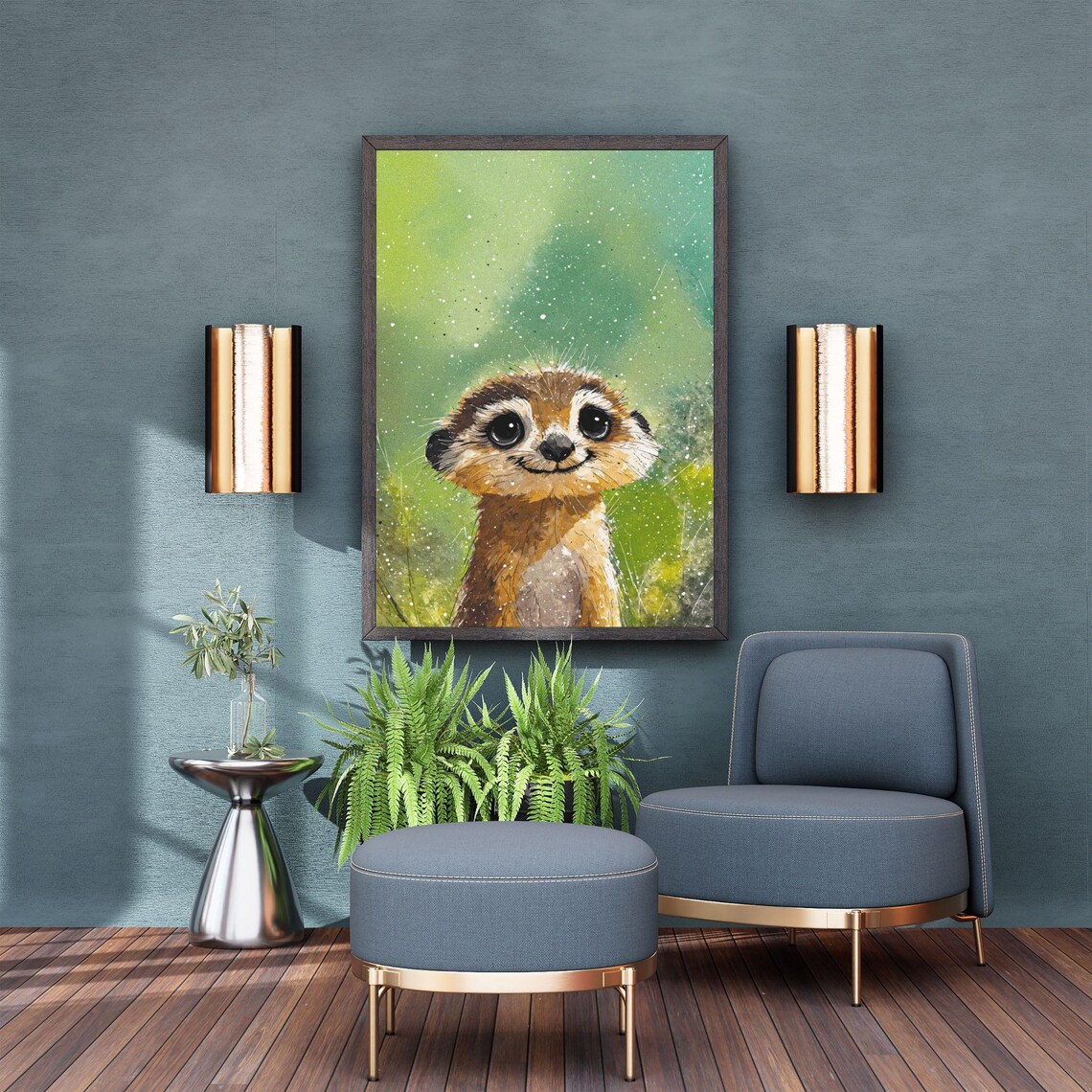 Cute Smiling Baby Meerkat Green Nursery Animal Painting Wall Art