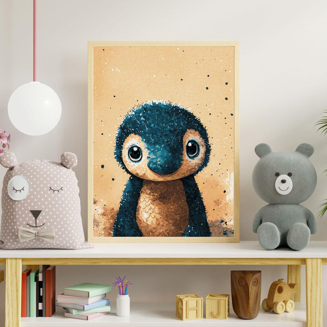 Adorable Baby Penguin Big Eyes Tan Splatter Nursery Animal Wall Art - Image 5