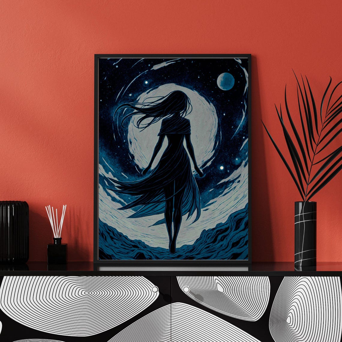 Gloomy Woman Moonlight Silhouette Celestial Stars Night Sky Art Print - Image 3