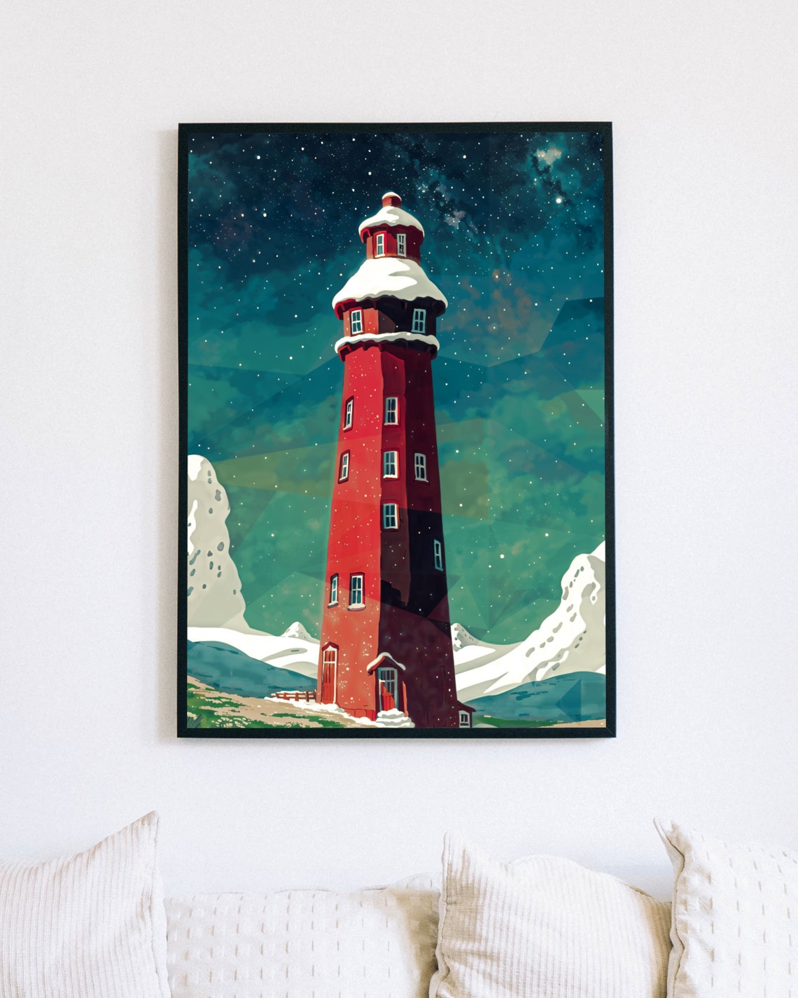 Red Lighthouse Snowy Night Starry Sky Coastal Winter Fantasy Poster - Image 2