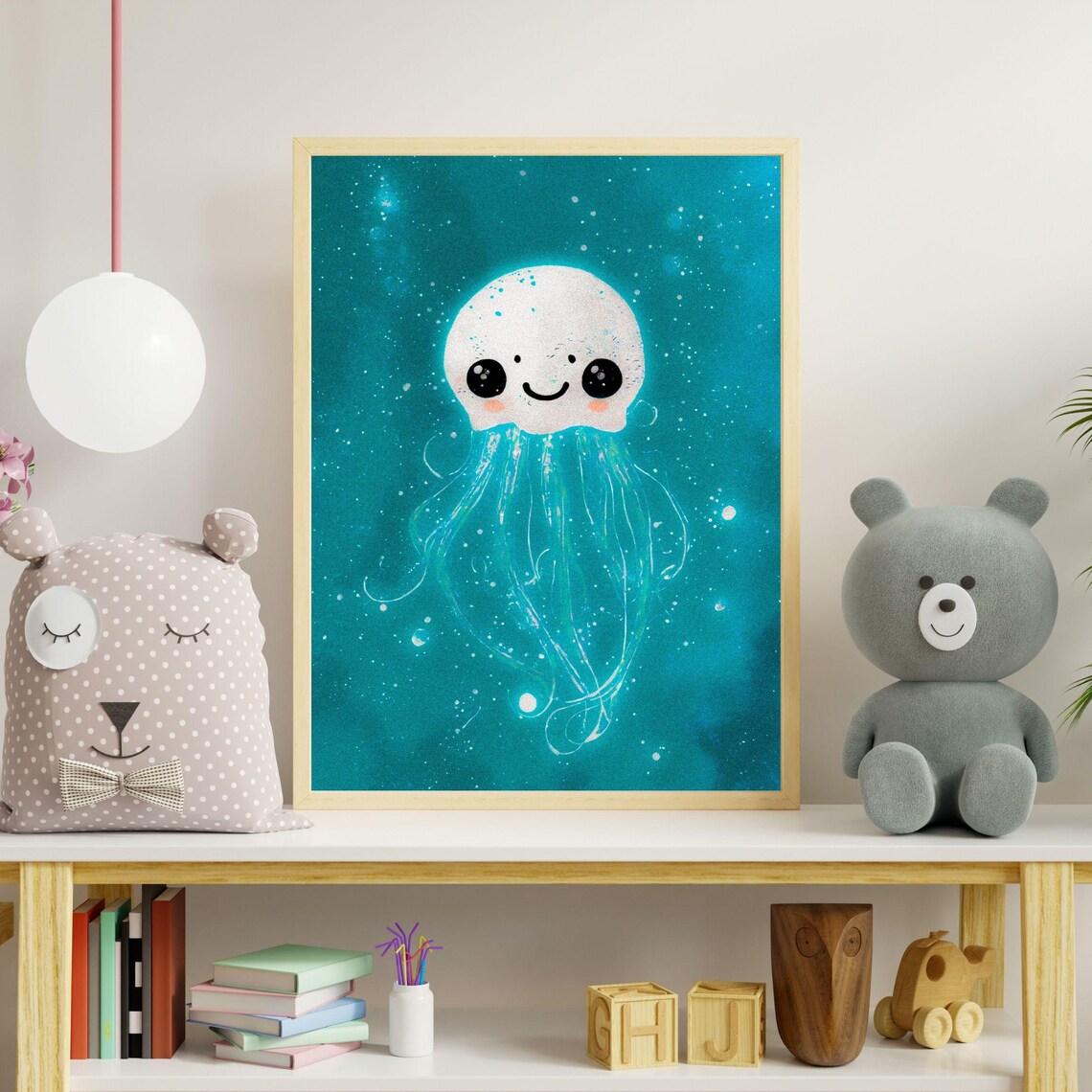 Glowing White Baby Jellyfish Teal Ocean Nursery Kids Wall Art - Image 8