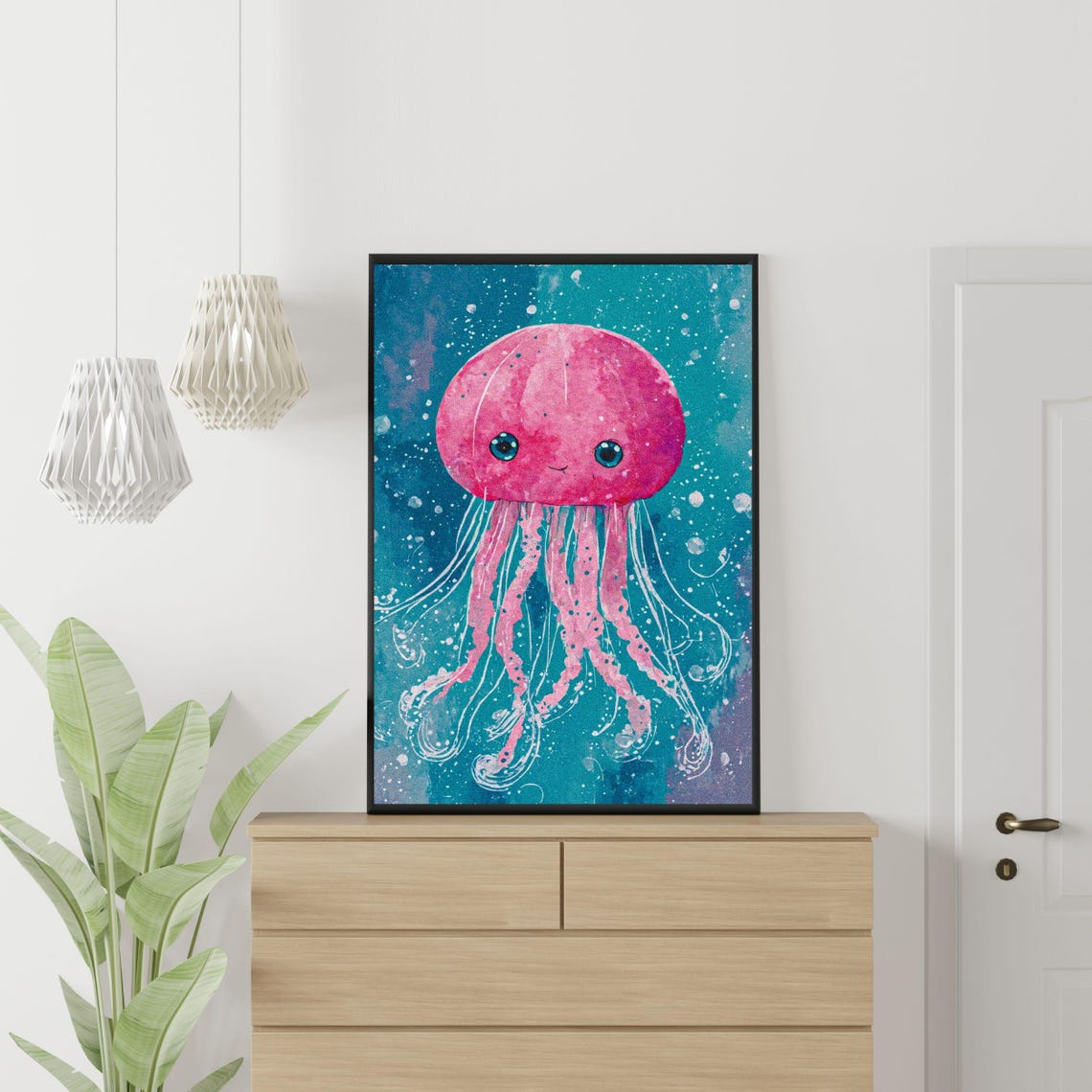 Pink Jellyfish Art Print Sweet Ocean Creature Wall Hanging Playful Blue And Teal Spotted Illustration For Girls Room 8x10 12x16 18x24