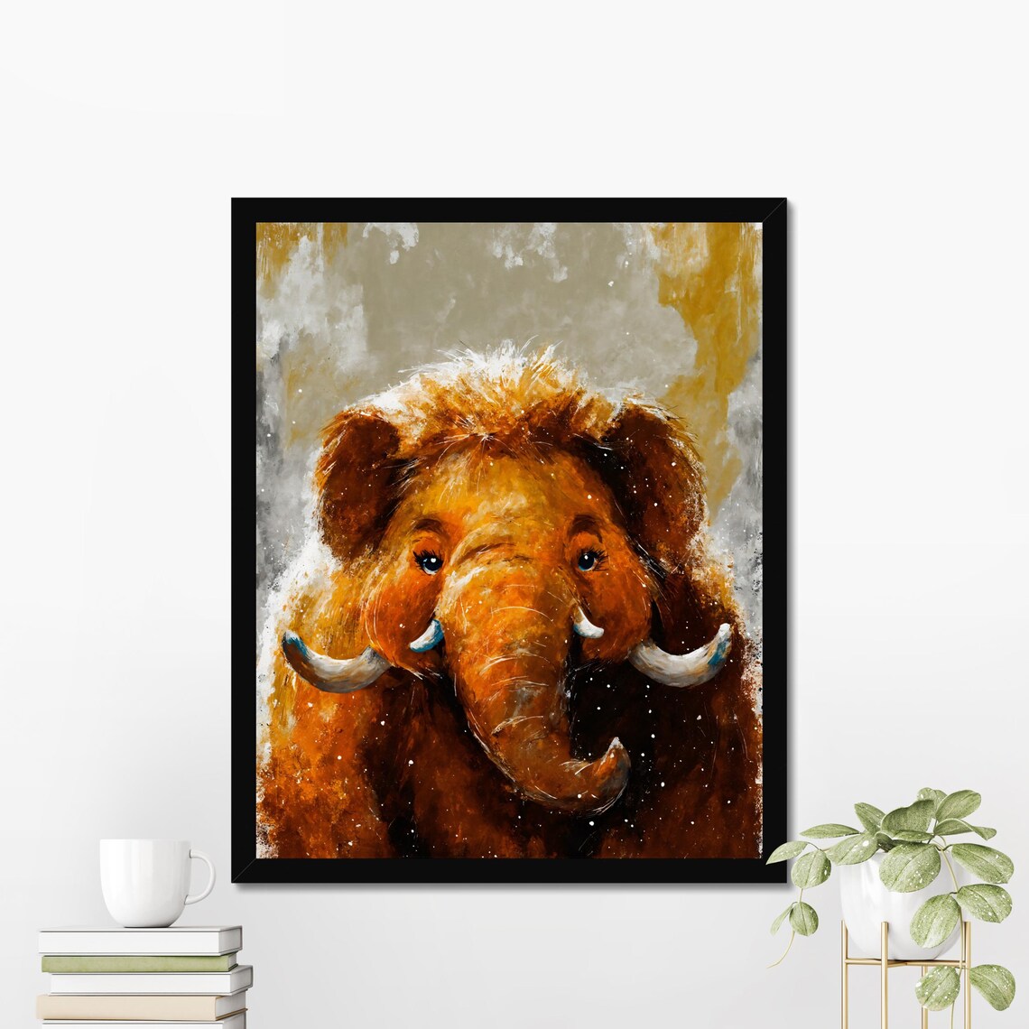 Cute Baby Woolly Mammoth Portrait Warm Tones Prehistoric Art Poster