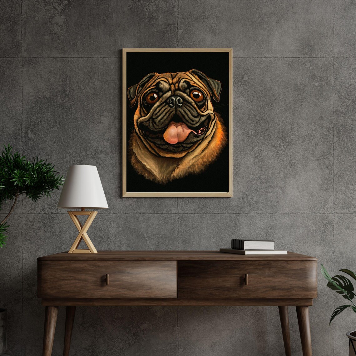 Goofy Happy Pug Tongue Out Black Background Dog Portrait Poster - Image 8