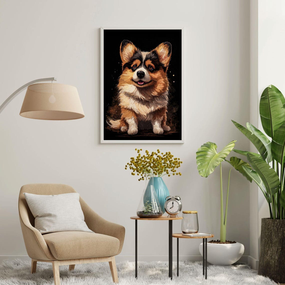 Smiling Tri Color Welsh Corgi Black Background Dog Portrait Poster - Image 6