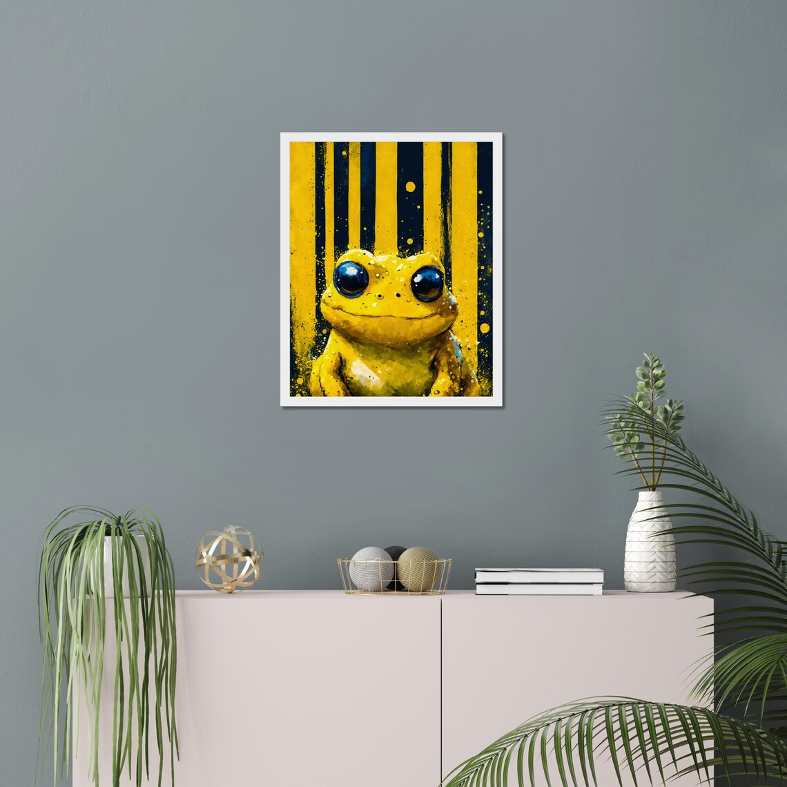 Golden Yellow Frog Big Eyes Portrait Bold Striped Background Poster - Image 3