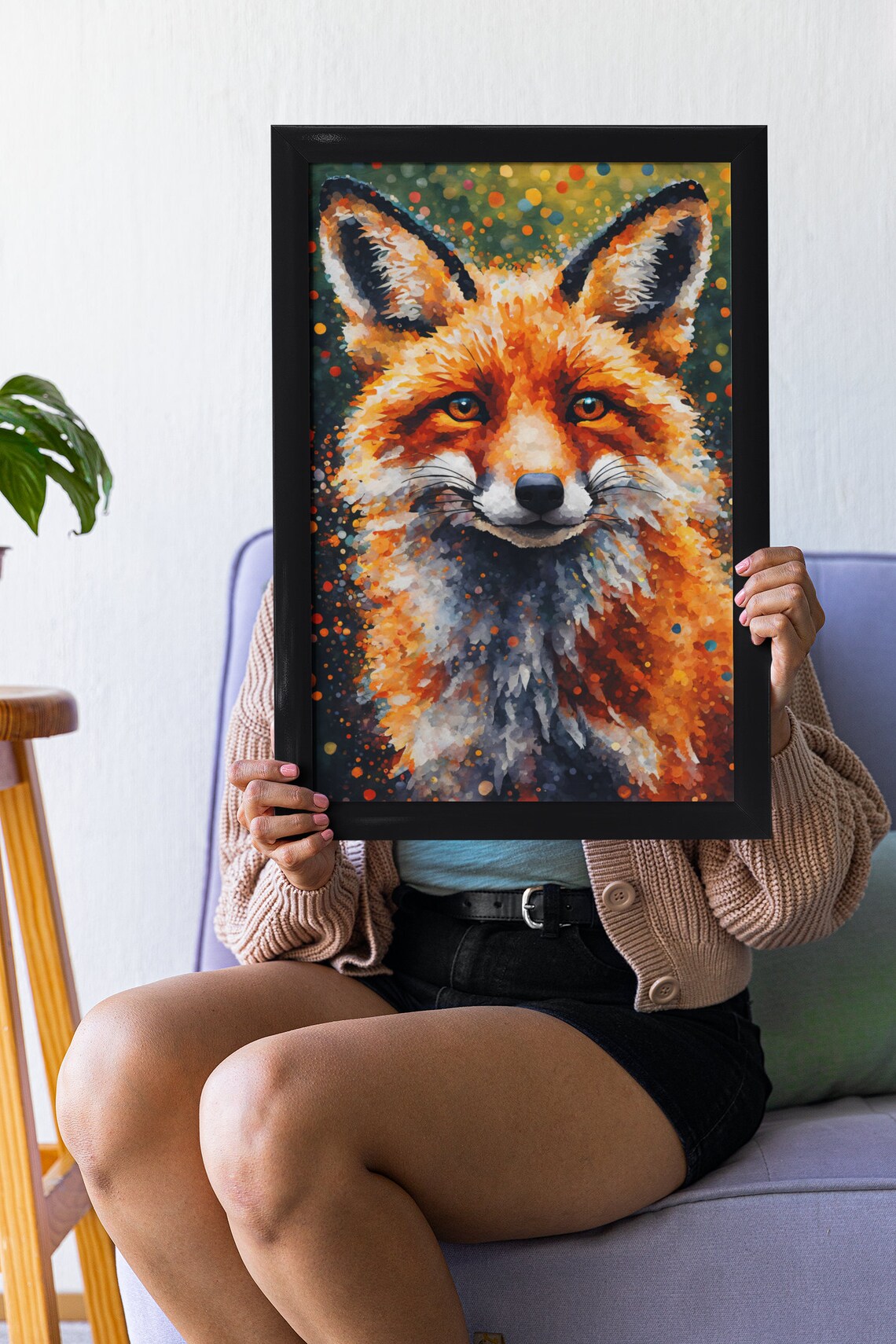 Red Fox Portrait Speckled Mosaic Green Background Wildlife Art Wall Print - Image 3