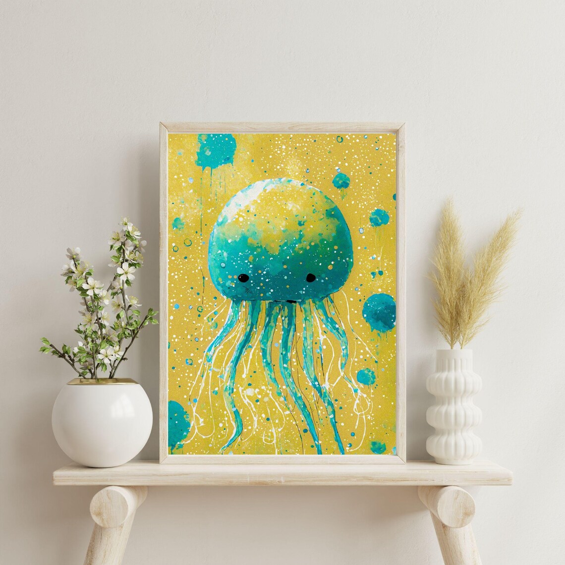 Teal Jellyfish Yellow Splatter Ocean Nursery Kids Room Wall Art - Image 6