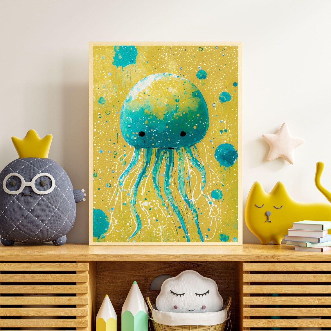 Teal Jellyfish Yellow Splatter Ocean Nursery Kids Room Wall Art