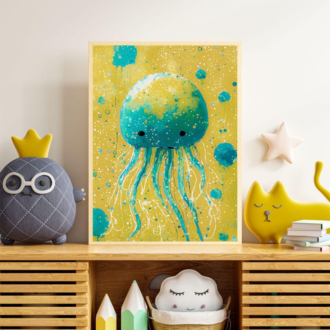 Yellow Green Jellyfish Art Print Cute Ocean Animal Wall Decor Colorful Underwater Illustration For Nursery Or Kids Room 8x10 12x16 18x24