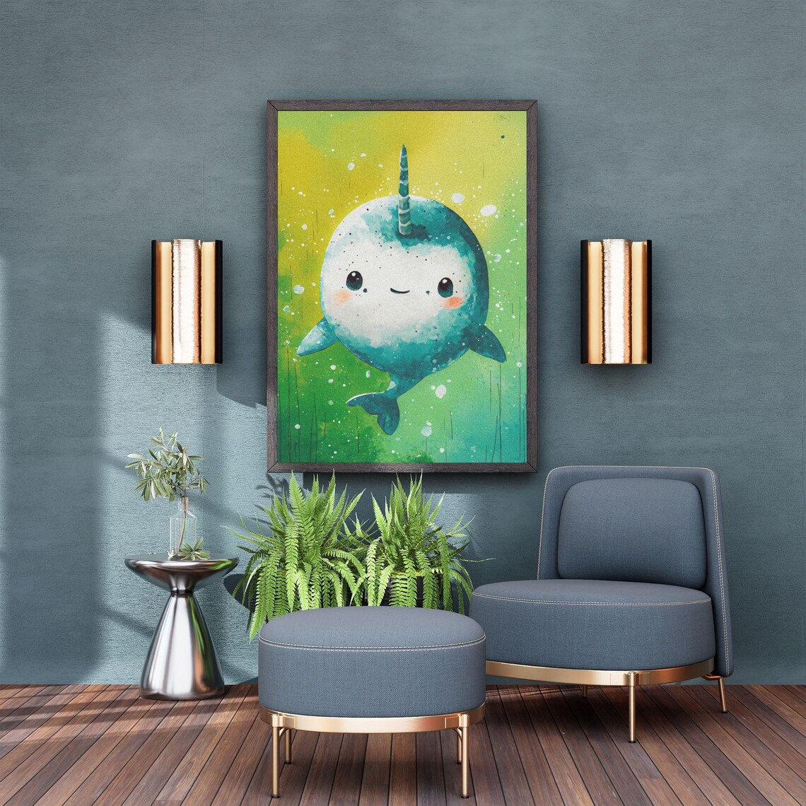 Smiling Baby Narwhal Teal Splatter Ocean Animal Nursery Wall Art - Image 7