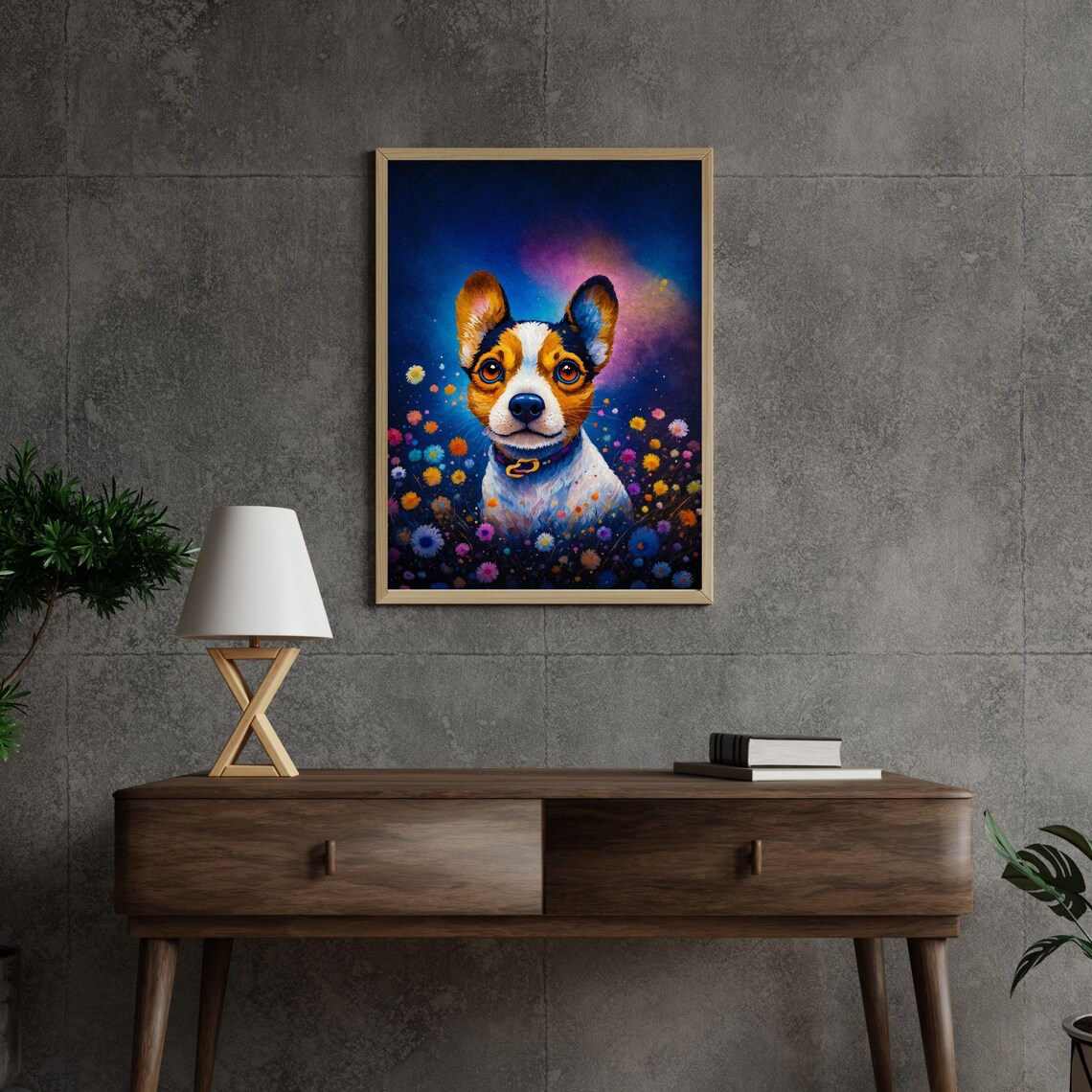 Whimsical Tricolor Puppy Among Wildflowers Starry Night Wall Art - Image 2