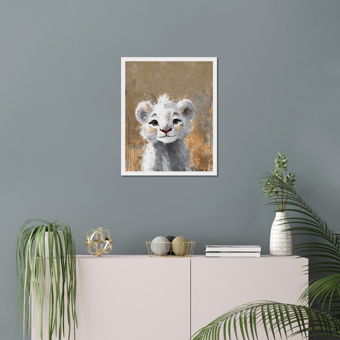 Adorable White Lion Cub Portrait Watercolor Safari Nursery Poster - Image 4