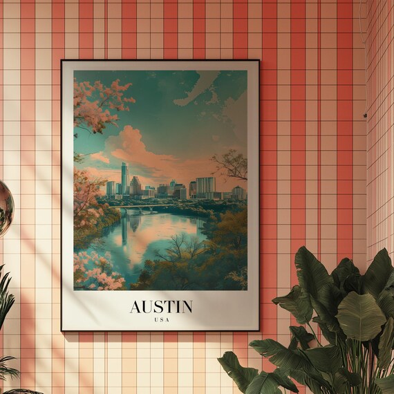 Austin Texas Skyline River Sunset Vintage City Travel Poster