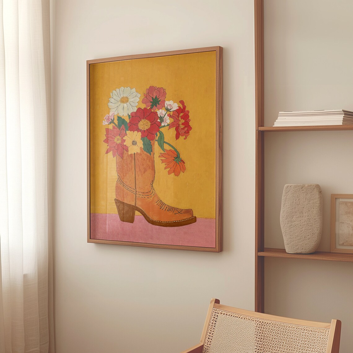 Cowgirl Boot Wildflowers Mustard Western Boho Floral Art Poster - Image 2