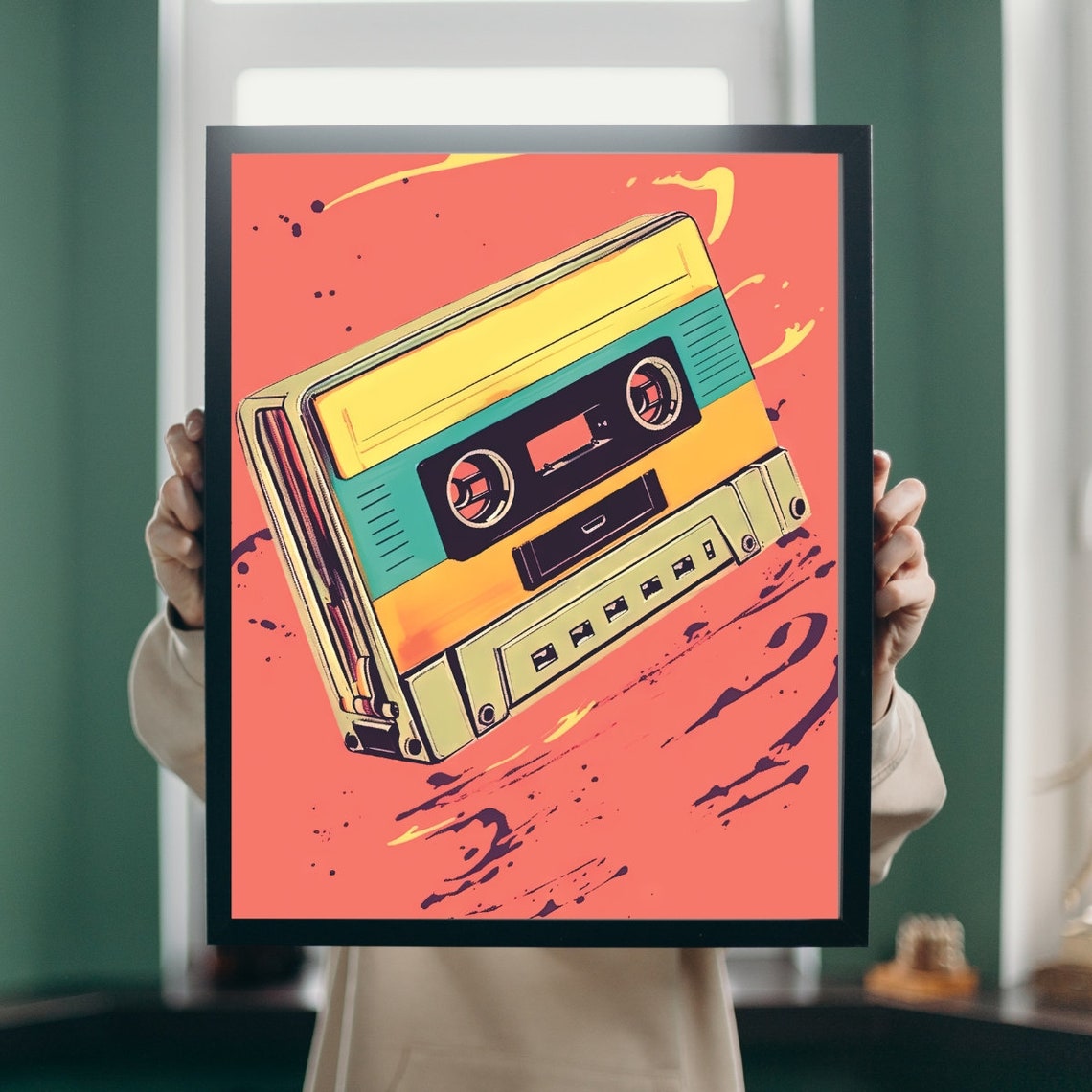 Retro Pop Art Cassette Tape Coral Splash Bold Music Decor Poster