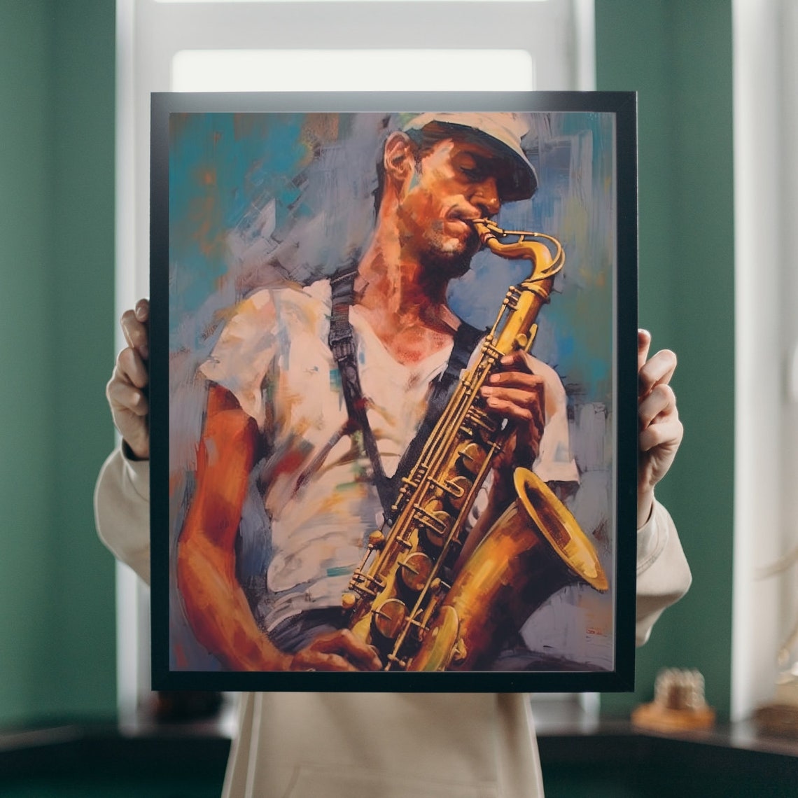 Abstract Man Playing Saxophone Wall Art Poster Colorful