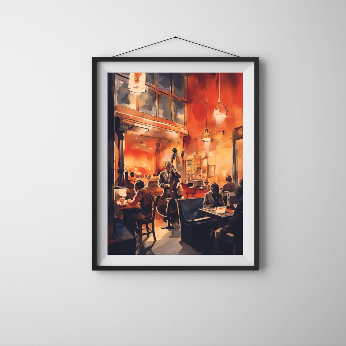 Jazz Cafe Double Bass Player Warm Watercolor Night Art Poster