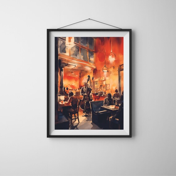 Jazz Cafe Double Bass Player Warm Watercolor Night Art Poster