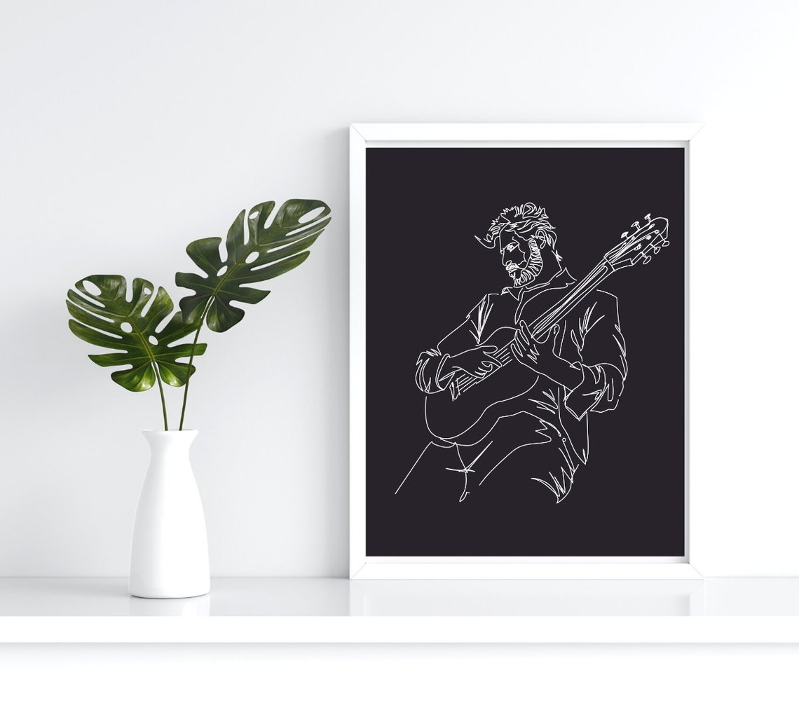 Minimalist Guitar Player Modern White Line Drawing On Black Poster