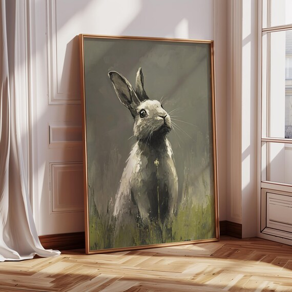 Gentle White Rabbit Standing Upright In Lush Green Meadow Poster