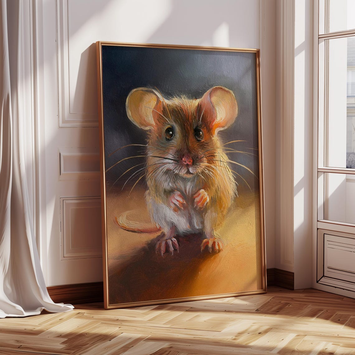 Sweet Curious Mouse With Big Ears In Warm Golden Painterly Poster
