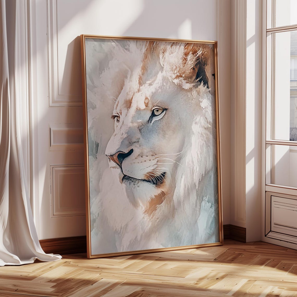White Lion Close Up Portrait In Soft Grey Oil Painting Art Print - Image 3