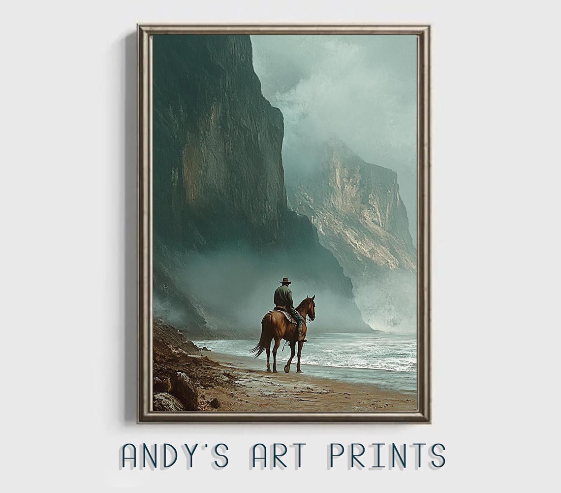Tiny Cowboy And Horse On Beach Before Colossal Teal Sea Cliffs Poster - Image 3