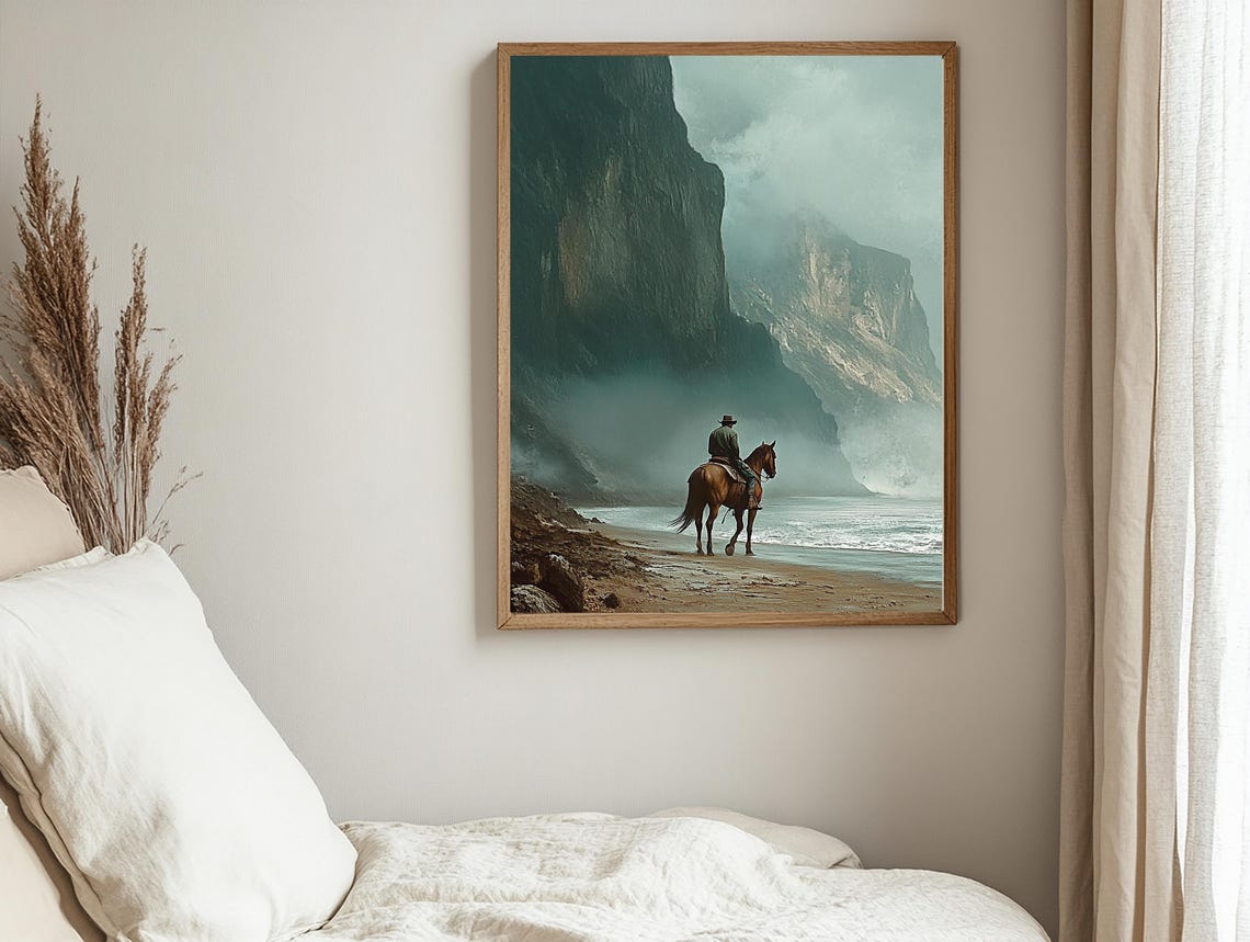 Tiny Cowboy And Horse On Beach Before Colossal Teal Sea Cliffs Poster - Image 2