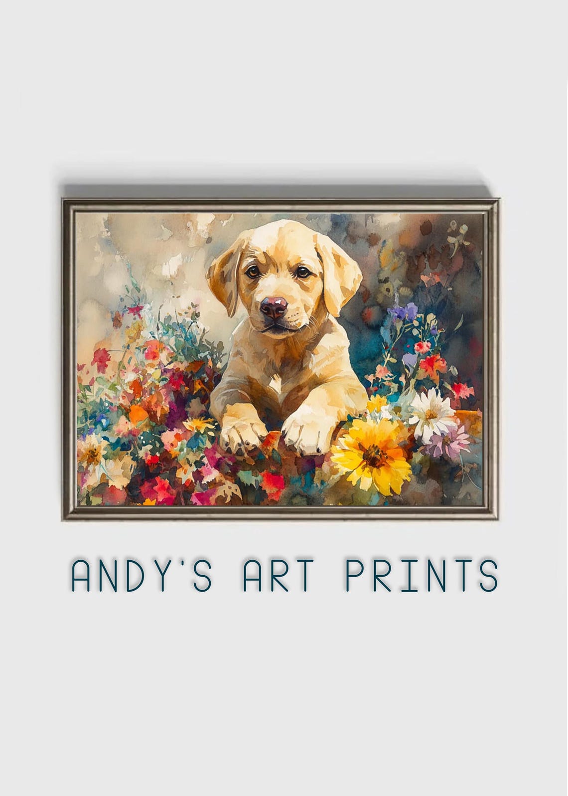 Yellow Labrador Puppy Among Colorful Flowers Watercolor Poster