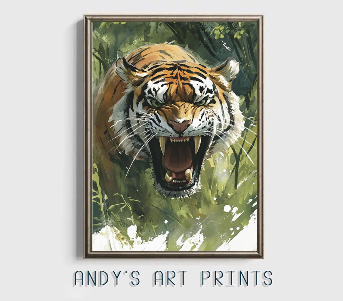 Roaring Tiger Emerging From Jungle Green Wildlife Oil Painting Poster - Image 3