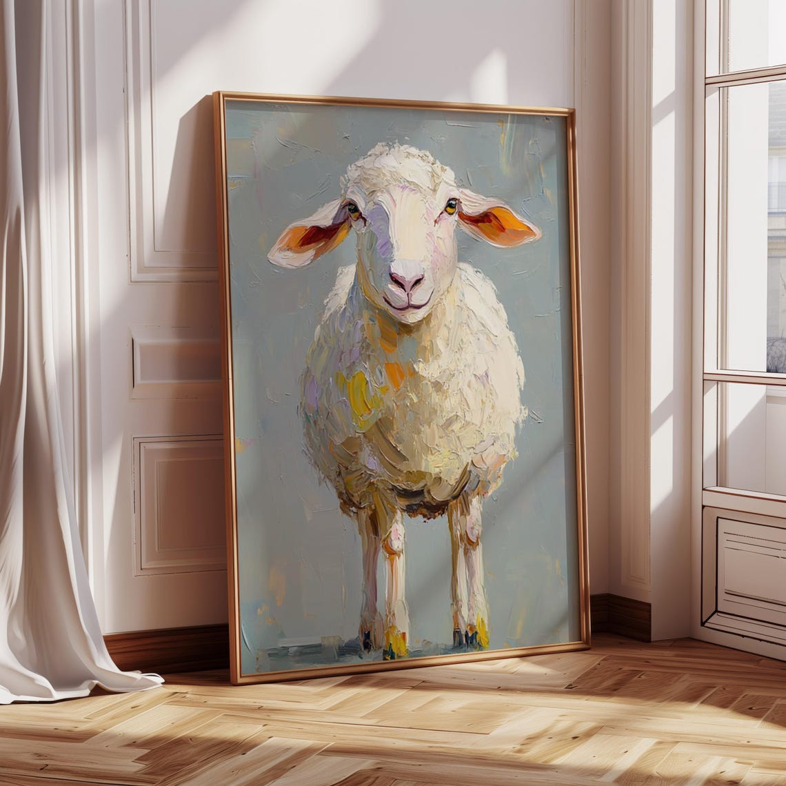 Adorable White Sheep Front Portrait With Impasto Brushwork Poster
