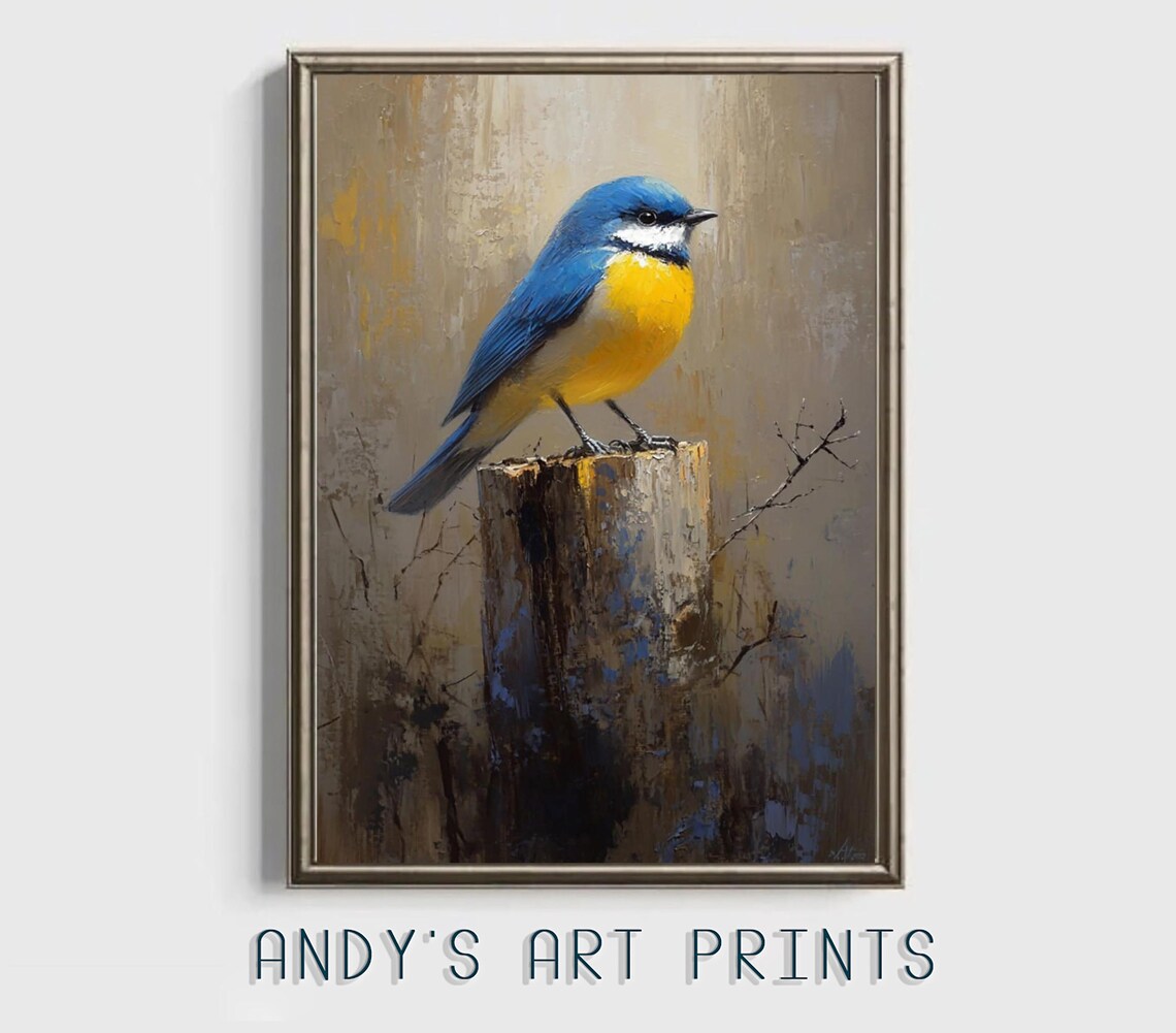 Blue Tit Bird On Wooden Stump Rustic Oil Painting Art Poster - Image 2