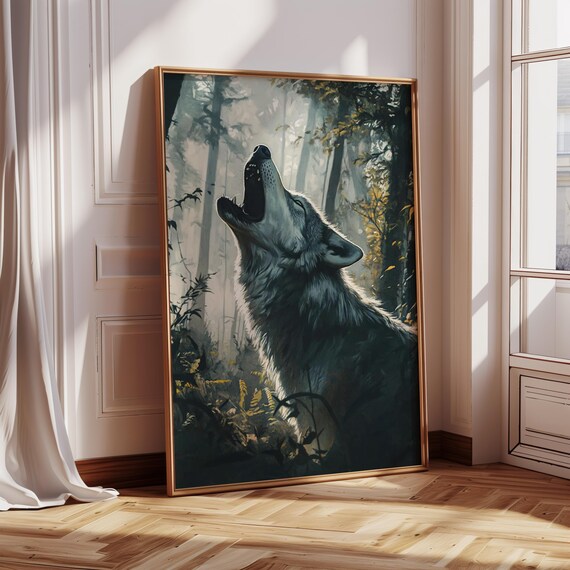 A Howling Wolf in a Misty Moonlit Forest Wildlife Art Poster