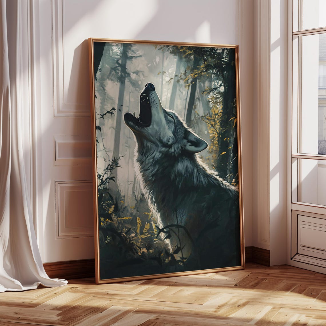 A Howling Wolf in a Misty Moonlit Forest Wildlife Art Poster