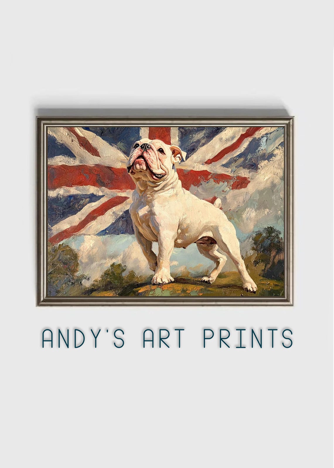 White English Bulldog Standing Before Union Jack Flag Oil Poster