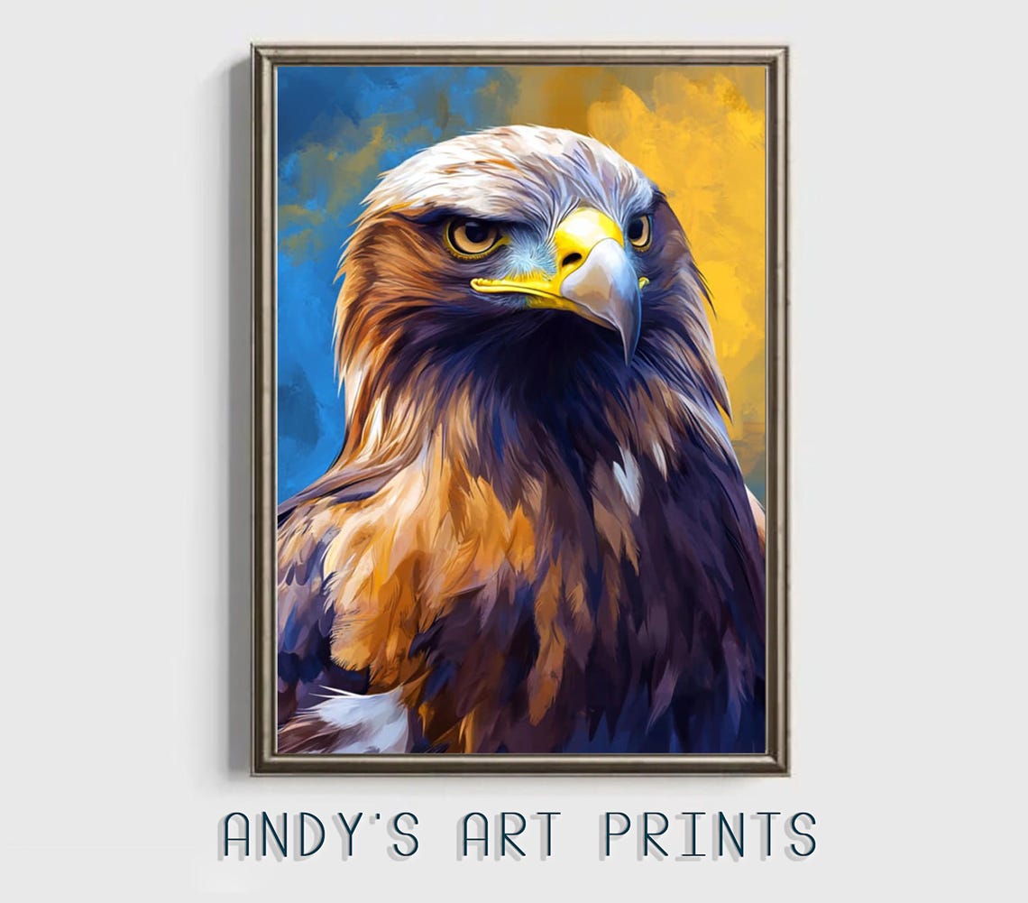 Regal Eagle Portrait Close Up Against Blue and Gold Painted Poster - Image 2