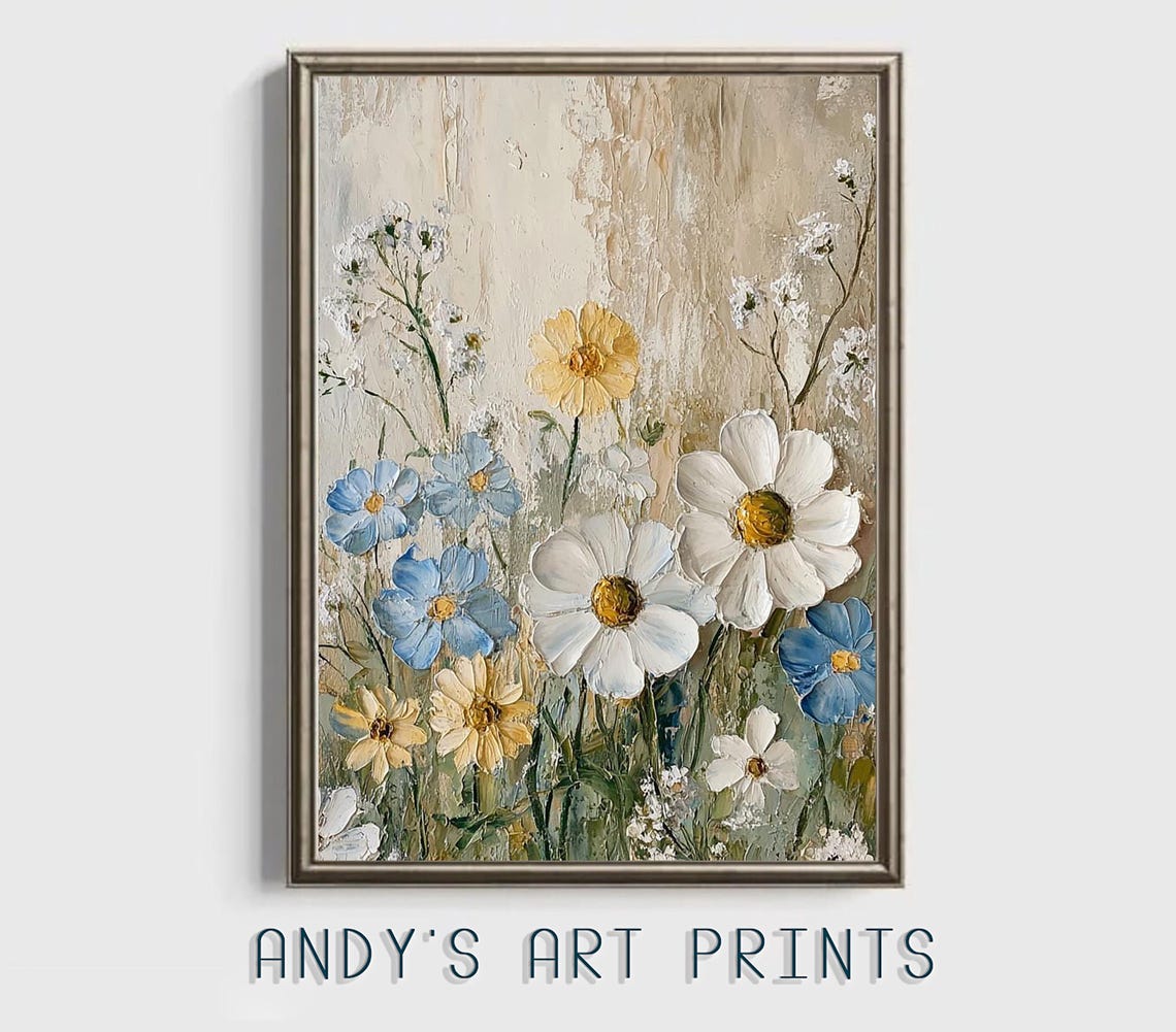 Soft Pastel Wildflowers In White Blue And Yellow Impasto Style Poster - Image 2