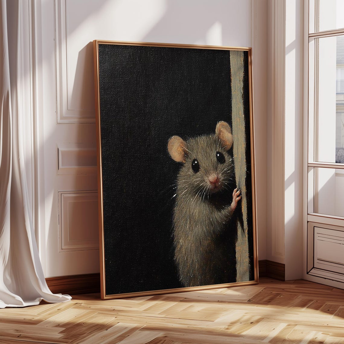 Tiny Grey Mouse Cautiously Peeking Around A Corner On Black Poster
