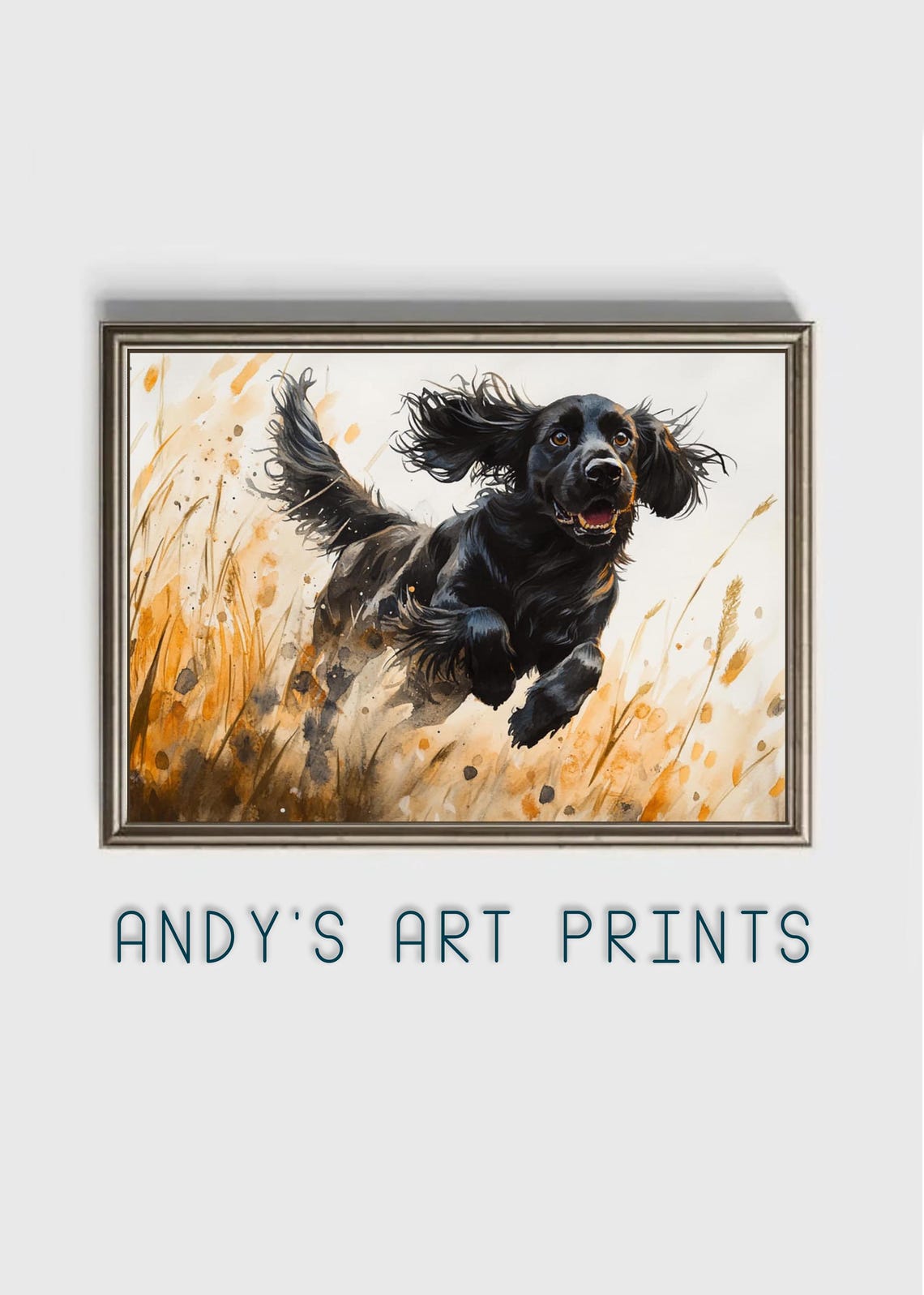 Black Cocker Spaniel Running Through Golden Wheat Watercolor Print