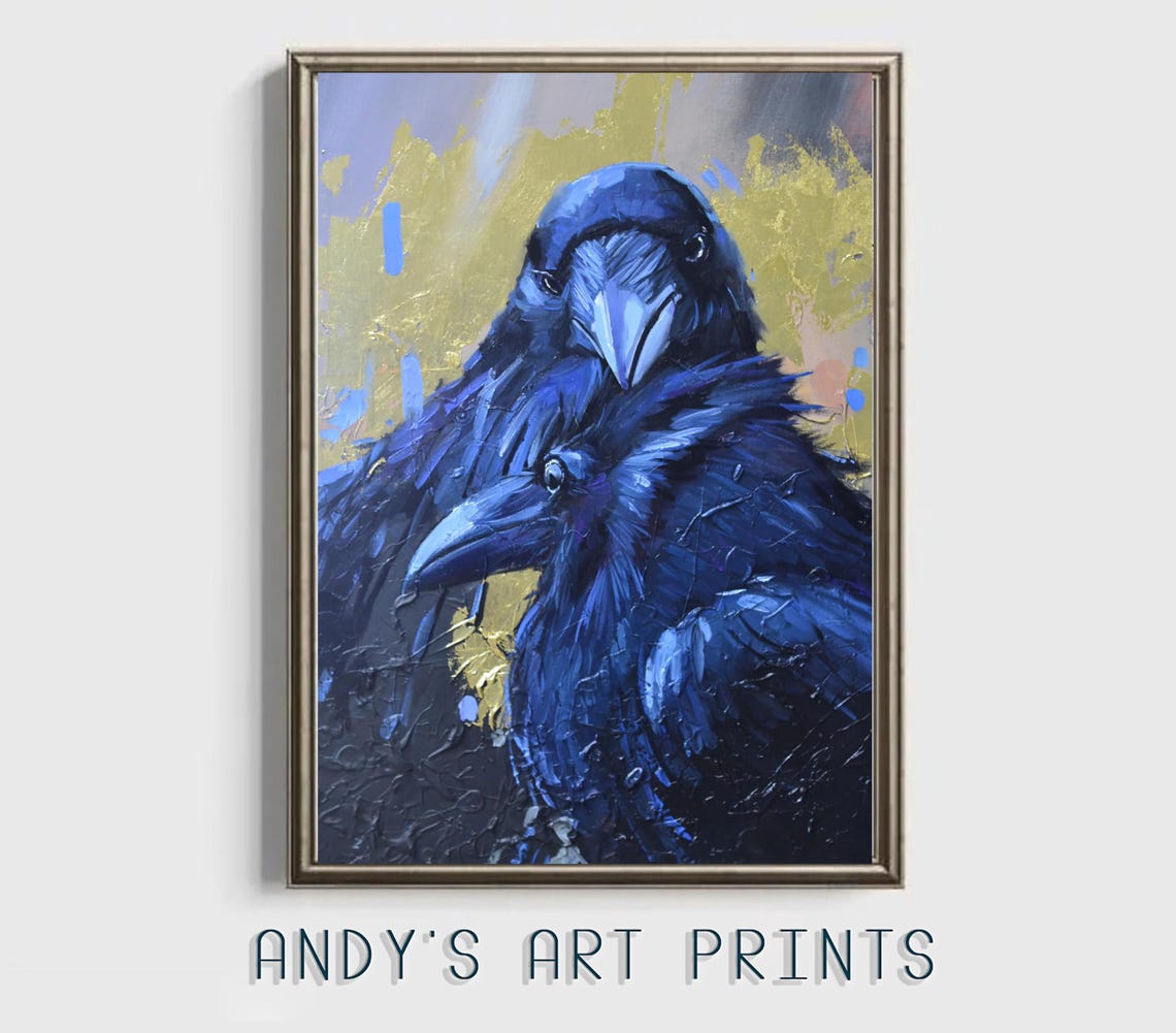 Two Black Crows Embracing in a Dark Blue Moody Oil Painting Poster - Image 3
