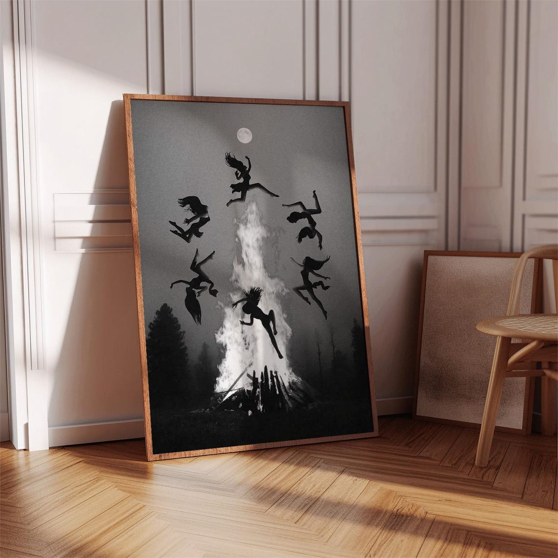 Witches Dancing Around Bonfire Under Full Moon Spooky Night Print